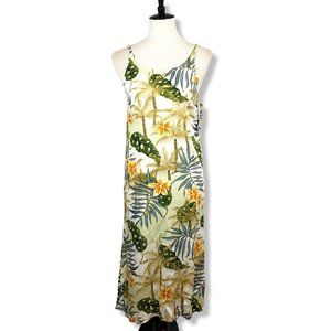 Aloha Hut Cream Tropical Hawaiian Print Spaghetti Strap Midi Dress Size Small